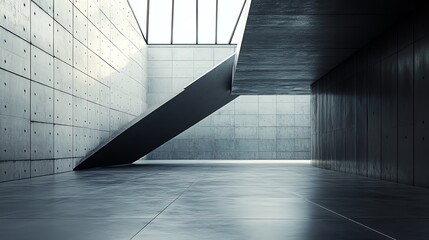 Wall Mural - A modern, minimalist concrete interior with a stairway in the center, bright light coming from above.