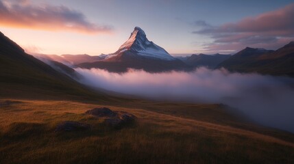Aufkleber - A stunning mountain peak is illuminated by bright sunlight, featuring sparkling snowcaps and dramatic outlines against a cloud-filled valley