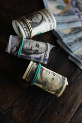 Wall Mural - Money, US dollar bills background. Money scattered on the desk. Photography for Finance and Economy concepts.