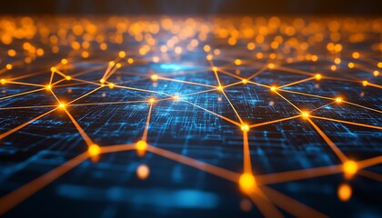 Fototapete - High Tech Digital Network Grid with Glowing Orange and Blue Data Nodes : Generative AI