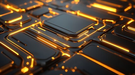 Poster - High-Tech Geometric Design with Neon Glowing Elements in Gray and Orange : Generative AI