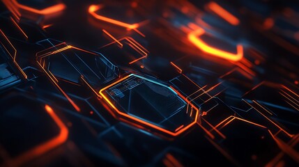 Poster - Innovative Orange and Blue Glowing Hexagonal Digital Mesh Technology : Generative AI