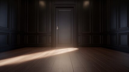 Leinwandbilder - An empty, stylish room features dark walls and wooden flooring, softly illuminated by faint light, exuding a minimalist and mysterious mood