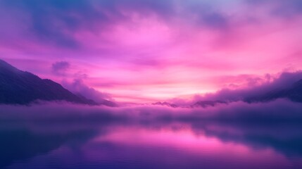 Poster - Glowing purple clouds drift over a calm lake, reflecting a vibrant gradient of pink and indigo in the dusk light, creating a mesmerizing, dreamlike atmosphere