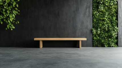 Aufkleber - A spacious modern room features a striking vertical garden on one wall, complemented by a minimalist wooden bench beneath, creating an eco-friendly atmosphere