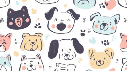 Poster - Charming doodle design showcases different dog faces adorned with playful colors, providing ample area for personalized text or messages. Generative AI