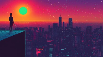 Poster - A silhouette standing on the edge of a skyscraper looking out over a bright neon city at night,