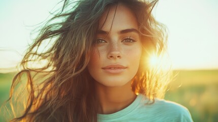 Poster - A calming portrait showcasing a person against a softly glowing sunset, capturing the essence of tranquility and warmth, and evoking emotions of peace and contentment.