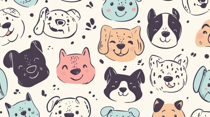Poster - Colorful and whimsical doodle pattern showcases cheerful dog faces, providing blank areas perfect for adding text or other elements. Generative AI