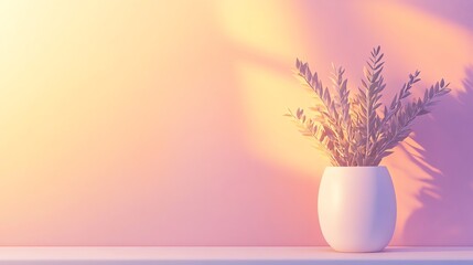 Wall Mural - A single white vase with green leafy branches on a shelf in front of a pastel pink wall.