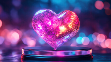 Poster - A Glowing Crystal Heart in a Vibrant Night Setting. A beautiful, glowing, crystal heart sits atop a clear glass pedestal, bathed in vibrant neon colors.