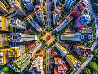Poster - Aerial View of Innovative Architectural Designs Showcasing Modern Structures and Landscapes in Urban Settings with Unique Shapes and Textures, Capturing the Essence of Architectural Deliciousness