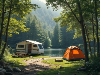 orange tent in the campsite by the lake in the mountain area with green tree
