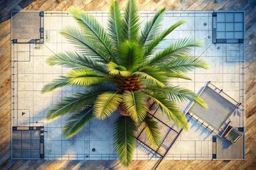 Poster - Aerial View of Palm with Architectural Plan Elements Showcasing Modern Design Integration in Fashion Photography Style