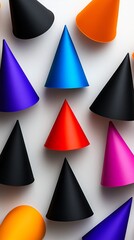 Poster - Collection of colorful paper hats in various sizes and colors. The hats are arranged in a pattern, with some overlapping and others standing alone. Scene is playful and whimsical