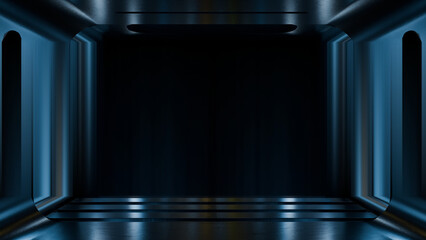 Poster - Futuristic corridor featuring sleek metallic walls and glowing blue accents. atmosphere is dark, creating an immersive and mysterious environment. Ideal for sci-fi themes or digital art. 3D render
