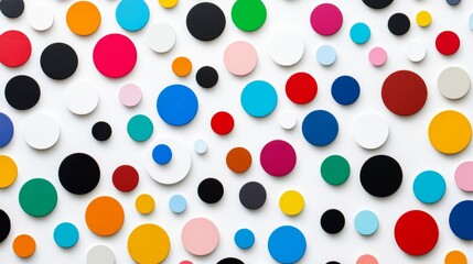 Poster - Colorful pattern of small circles is displayed on a white background. The circles are of various sizes and colors, creating a vibrant and dynamic composition. Concept of playfulness and creativity