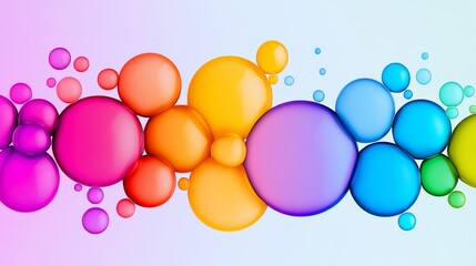 Poster - Colorful line of bubbles with a rainbow of colors. The bubbles are all different sizes and are scattered across the image. Scene is playful and whimsical, as the bubbles seem to be floating