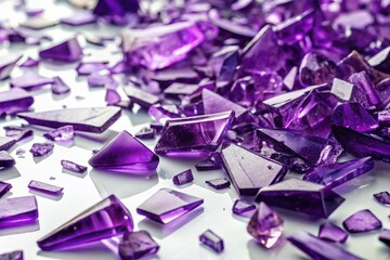 Poster - Aerial View of Shattered Violet Glass Fragments on White Background Highlighting the Sharp Edges and Textures of Remelted Glass Pieces for Artistic and Industrial Uses