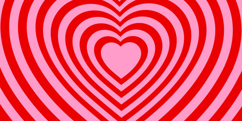 Poster - Monochrome horizontal background of heart shaped tunnel. Rainbow romantic pattern. Pink and red colors. Trendy vector illustration in style retro 60s, 70s.
