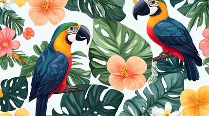 Wall Mural - A tropical pattern with two parrots, hibiscus flowers and monstera leaves.