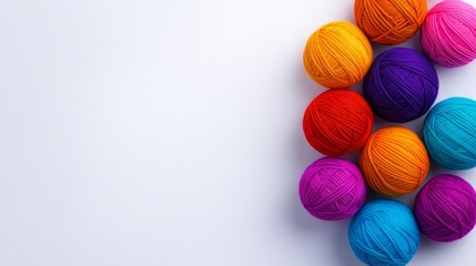 Poster - Row of colorful balls of yarn on a white background. The balls are of different colors and sizes, creating a vibrant and lively scene. Concept of creativity and playfulness