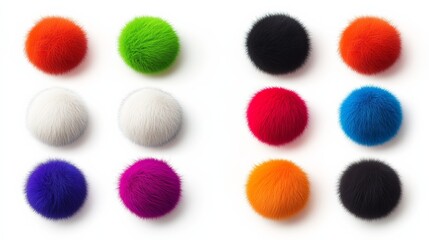 Poster - Collection of fuzzy balls in various colors, including white, orange, and purple. The balls are arranged in a row, with some overlapping each other. Concept of playfulness and fun