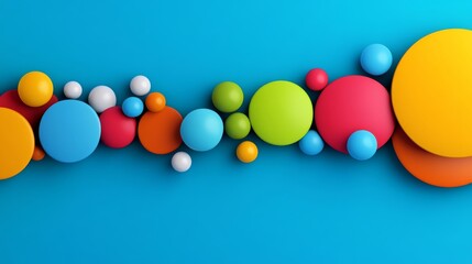 Poster - Colorful line of circles on a blue background. The circles are of different colors and sizes. Concept of creativity and playfulness