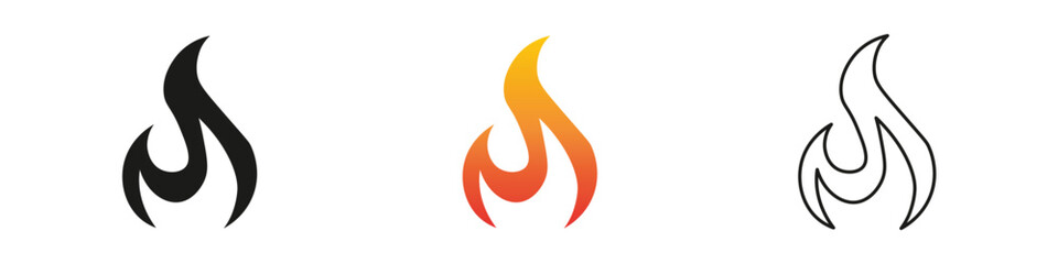 Wall Mural - Symbols representing fire in three different designs and colors. Fire icon vector set. Flame icon collection. Fire flame symbol. Black, gradient, line set