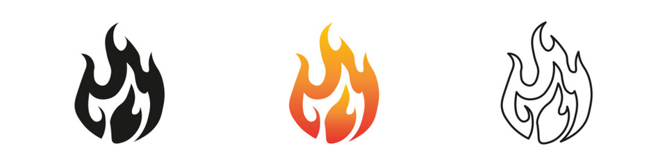 Wall Mural - Creative representations of flame symbols in various colors. Fire icon vector set. Flame icon collection. Fire flame symbol. Black, gradient, line set