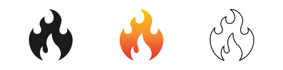 Wall Mural - Various flame icons in different colors and styles displayed. Fire icon vector set. Flame icon collection. Fire flame symbol. Black, gradient, line set