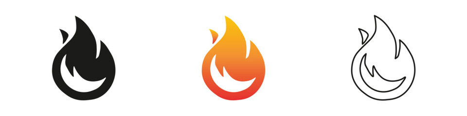 Wall Mural - Various styles of flame symbols in different colors and designs. Fire icon vector set. Flame icon collection. Fire flame symbol. Black, gradient, line set