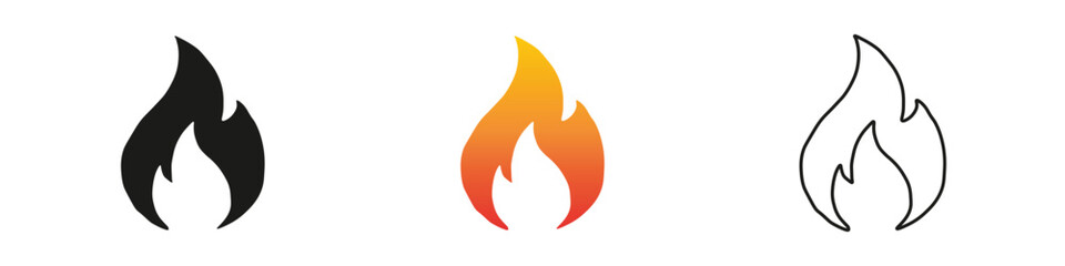 Wall Mural - Different styles of flame illustrations in various colors. Fire icon vector set. Flame icon collection. Fire flame symbol. Black, gradient, line set