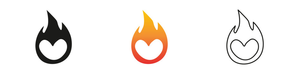 Wall Mural - Unique heart shaped flame icons in three bold styles. Fire icon vector set. Flame icon collection. Fire flame symbol. Black, gradient, line set