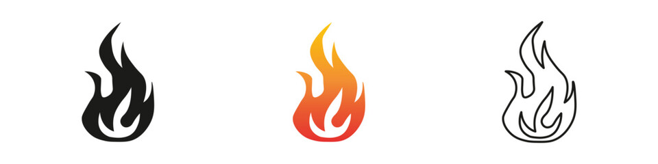 Wall Mural - Various flame designs in different colors on a white background. Fire icon vector set. Flame icon collection. Fire flame symbol. Black, gradient, line set
