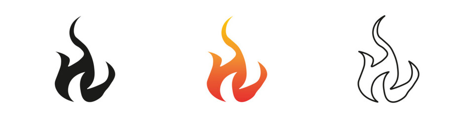 Wall Mural - Creative designs of flames in various colors and styles. Fire icon vector set. Flame icon collection. Fire flame symbol. Black, gradient, line set