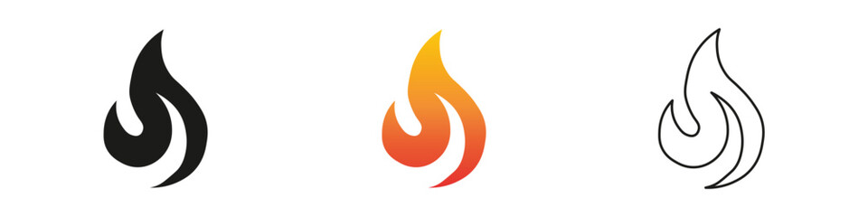 Wall Mural - Unique flame designs showcasing various colors and shapes. Fire icon vector set. Flame icon collection. Fire flame symbol. Black, gradient, line set