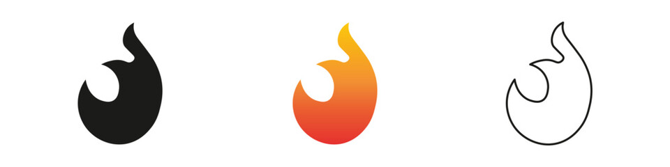 Wall Mural - Flame icons representing heat and energy in various designs. Fire icon vector set. Flame icon collection. Fire flame symbol. Black, gradient, line set
