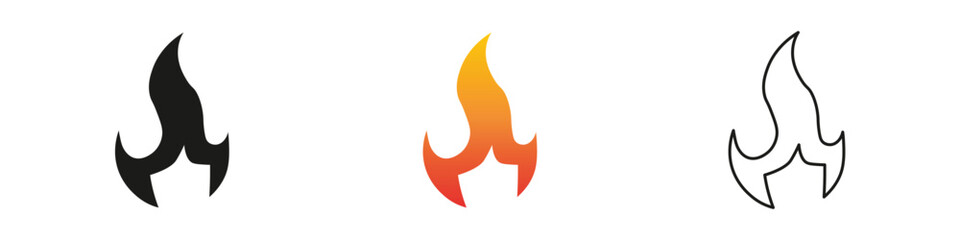 Wall Mural - Three stylized flame icons in black, orange, and white colors. Fire icon vector set. Flame icon collection. Fire flame symbol. Black, gradient, line set