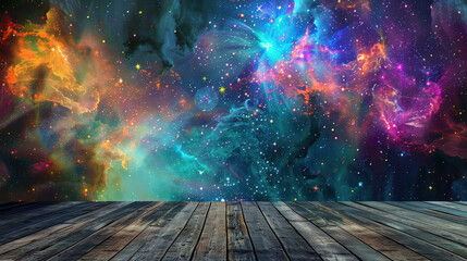 cosmic background illuminating wooden floor