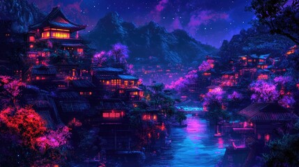 Poster - a synthwave cyberpunk drawing of a utopian Japanese village at night, illuminated by vibrant neon colors and futuristic vibes