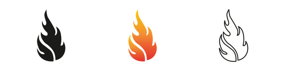Wall Mural - Unique flame logos in three styles showcasing creativity. Fire icon vector set. Flame icon collection. Fire flame symbol. Black, gradient, line set