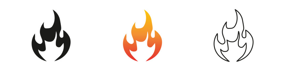 Wall Mural - Creative flame icons in three distinct colors. Fire icon vector set. Flame icon collection. Fire flame symbol. Black, gradient, line set