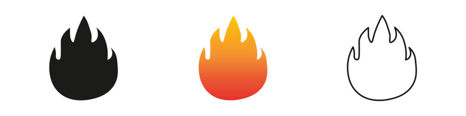 Wall Mural - Flame icons in various styles and colors for design use. Fire icon vector set. Flame icon collection. Fire flame symbol. Black, gradient, line set