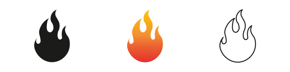 Wall Mural - Different styles of flame icons in various designs and colors. Fire icon vector set. Flame icon collection. Fire flame symbol. Black, gradient, line set