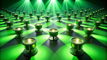 Poster - Aerial view of vivid green spotlights casting dynamic shadows on a sleek surface, evoking a sense of energy and vibrancy in a visually appealing composition for creative projects.