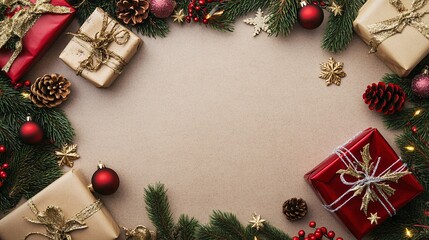 Poster - Christmas frame made of fir branches, gift boxes, red baubles and golden pine cones on brown background