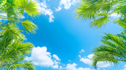 Aufkleber - A vibrant sky filled with fluffy clouds, framed by lush green palm leaves, evokes a sense of tranquility and natural beauty