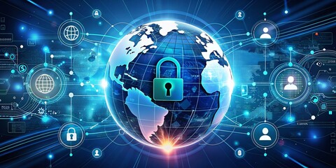 Poster - A Glowing Globe Surrounded by Digital Security Symbols Representing Global Network Protection and Cybersecurity Measures in a Futuristic Environment