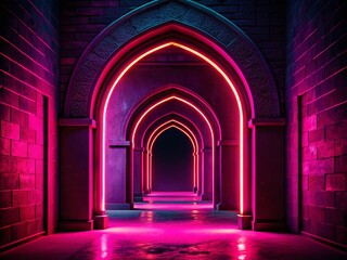 Poster - A Glowing Pink Archway Illuminates a Dark Space, Inviting Exploration into an Enigmatic Realm, Perfect for Mystical and Fantasy-Themed Visuals